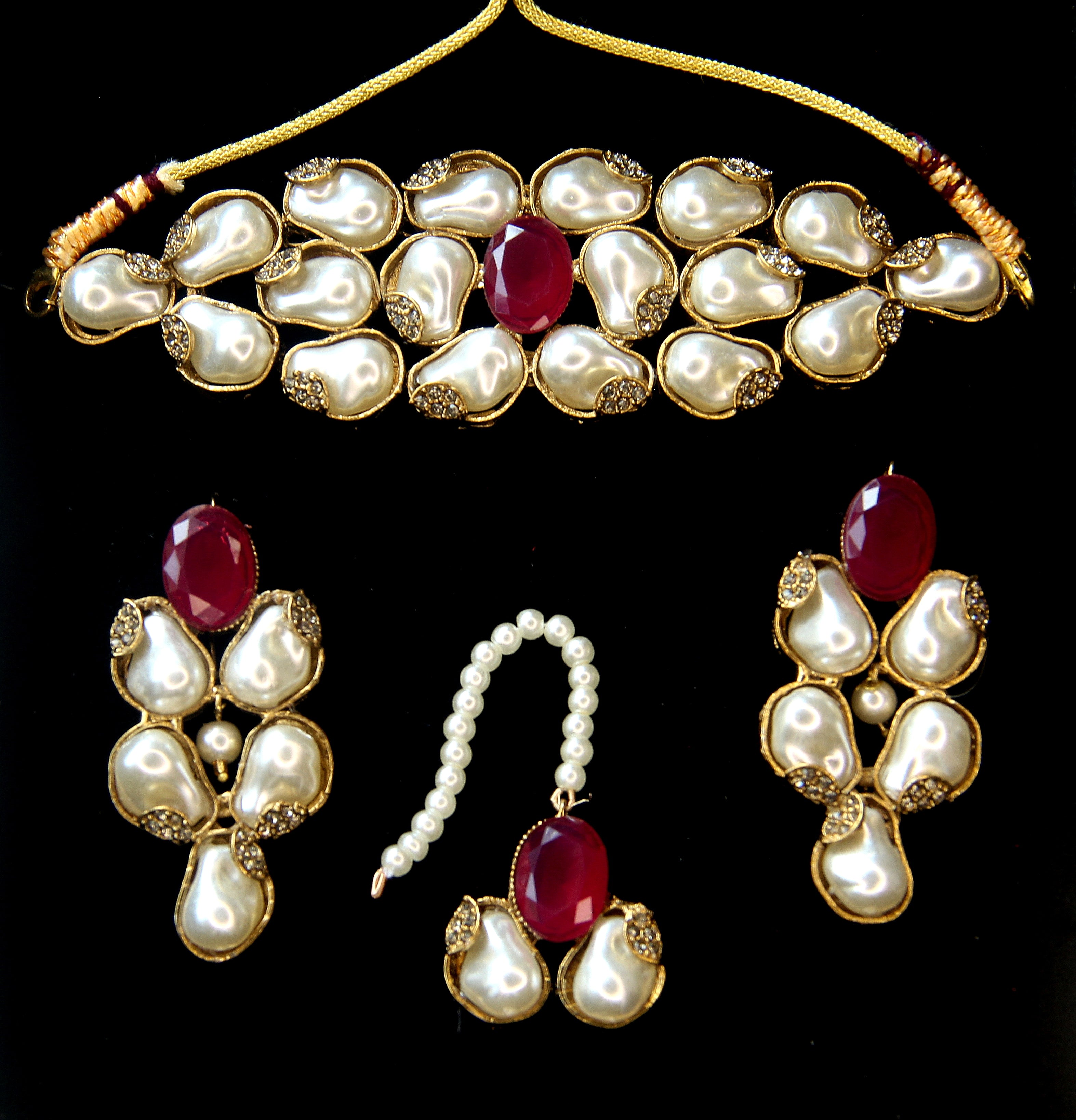 Choker Set (Turkish Imitate Pearl & Ruby-Tone) | Festive Jewellery