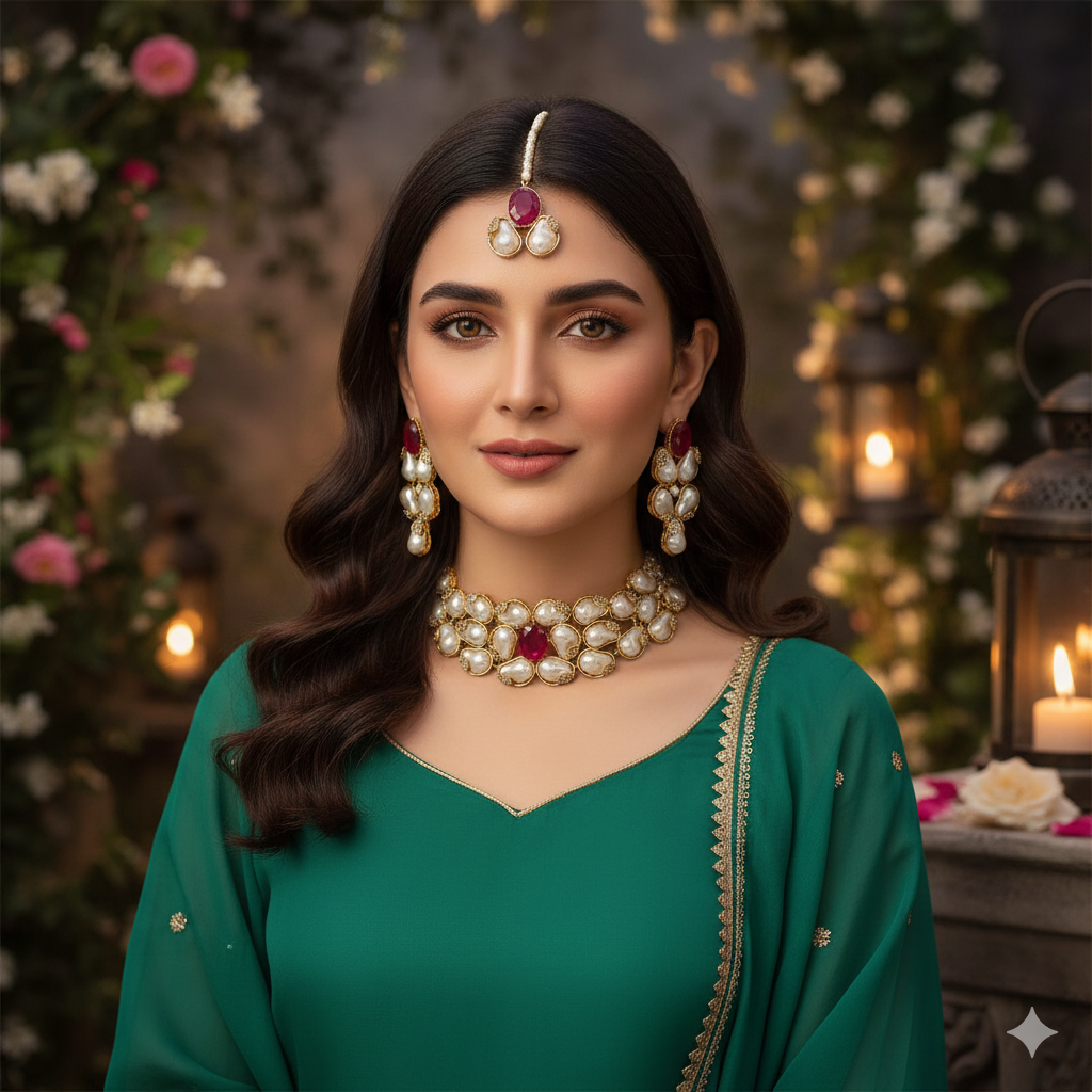 Choker Set (Turkish Imitate Pearl & Ruby-Tone) | Festive Jewellery