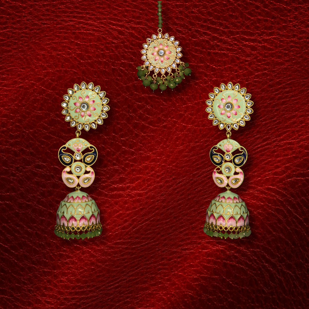 Kashmiri Jhumka Earrings with Matha Tikka – Meenakari Golden Imitation Bridal Party Wear Jewelry for Women