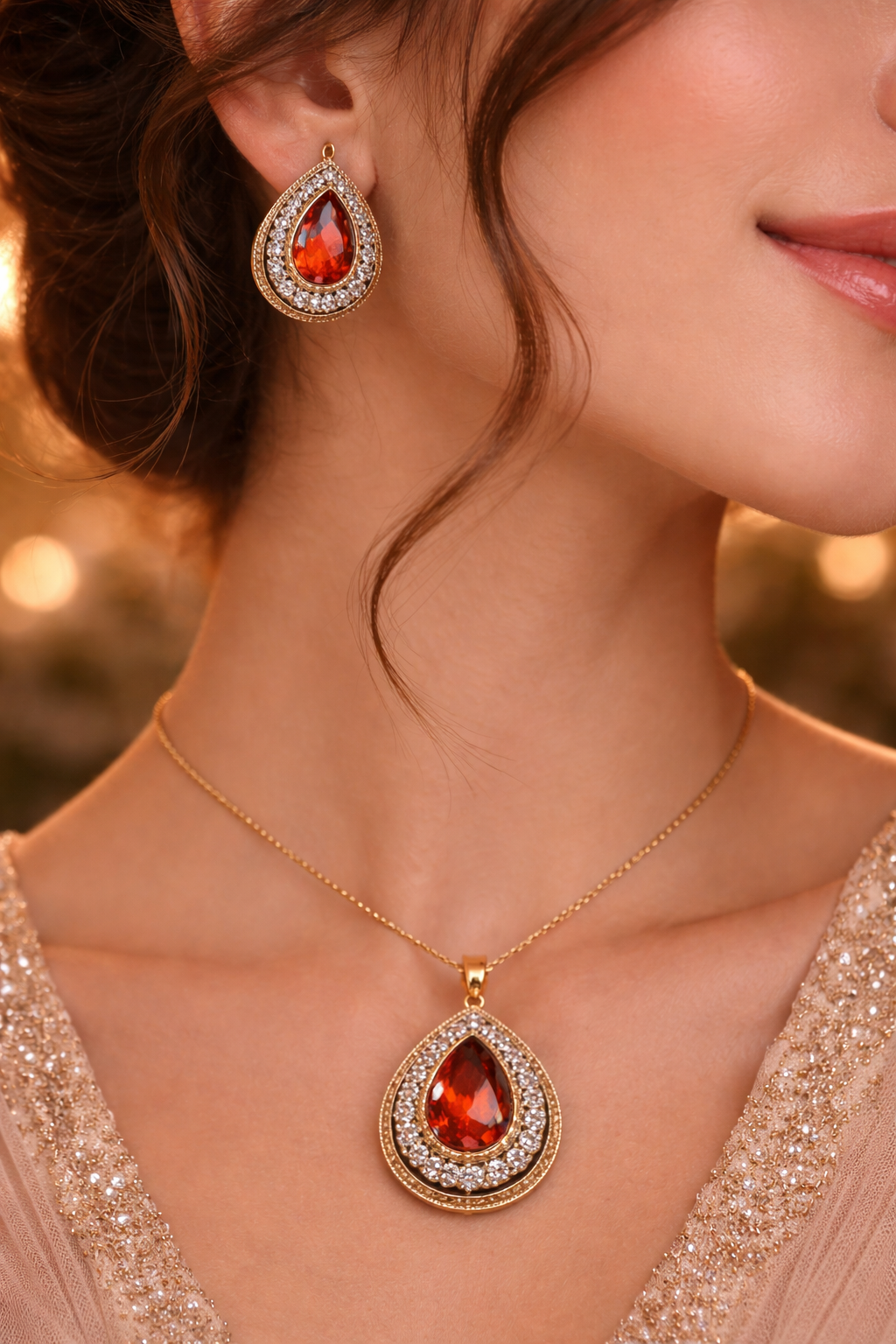 Ruby Red Imitation Jewelry Set | Faux Crystal Necklace & Earrings