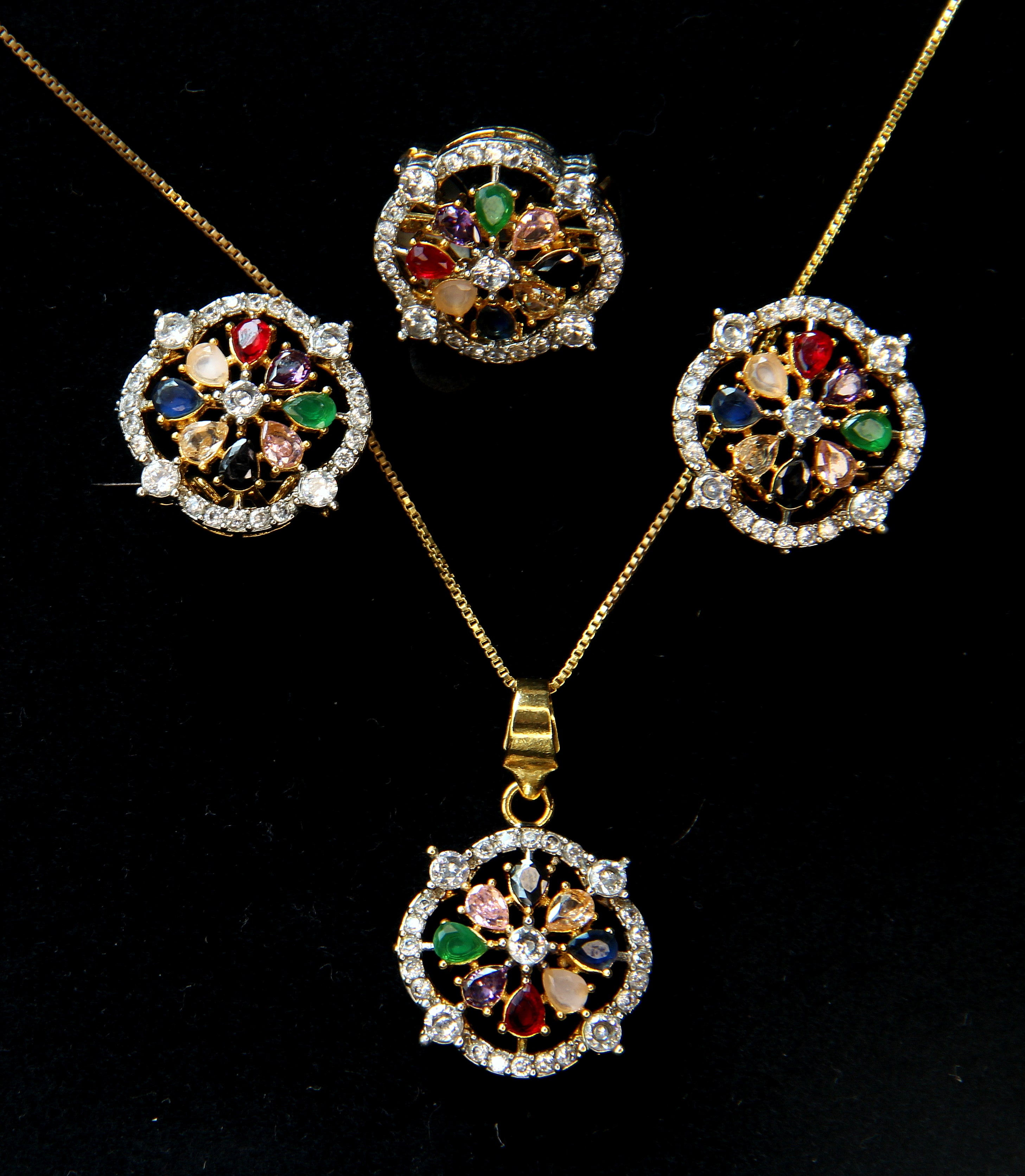 Multicolour Stone Pendant Set with Matching Earrings & Ring