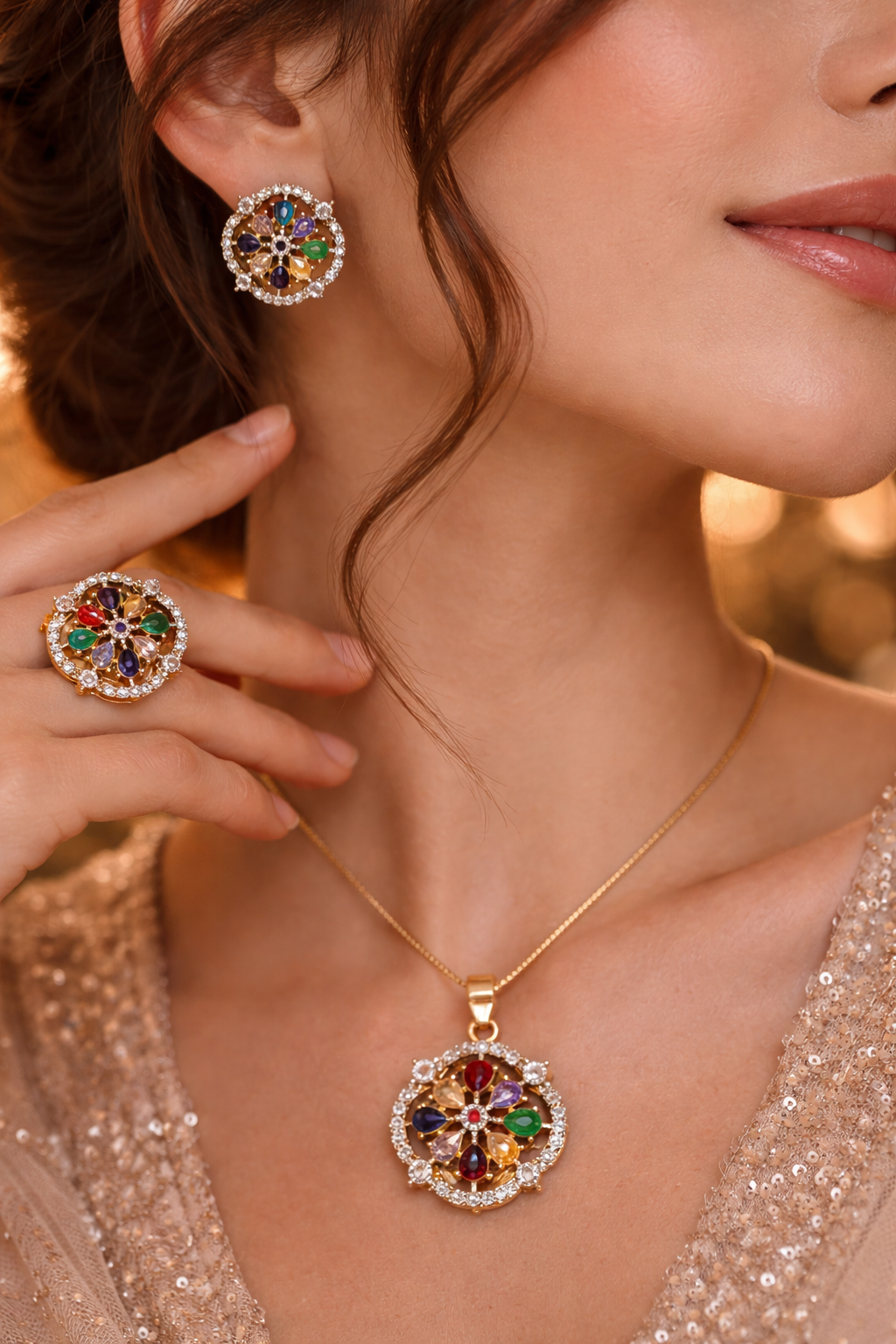 Multicolour Stone Pendant Set with Matching Earrings & Ring