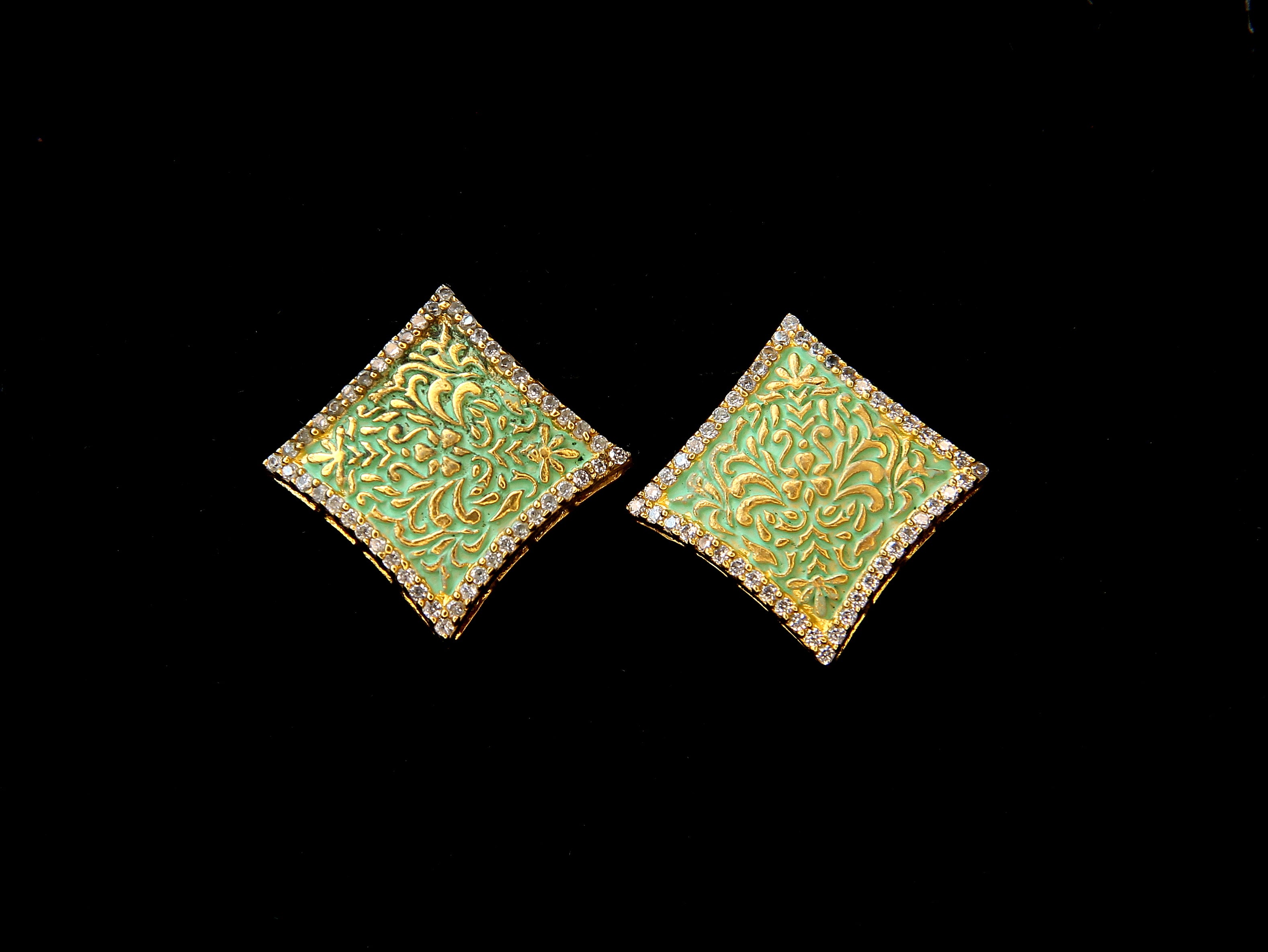 Green Enamel Square Stud Earrings | Meenakari Golden Filigree | Ethnic Jewellery