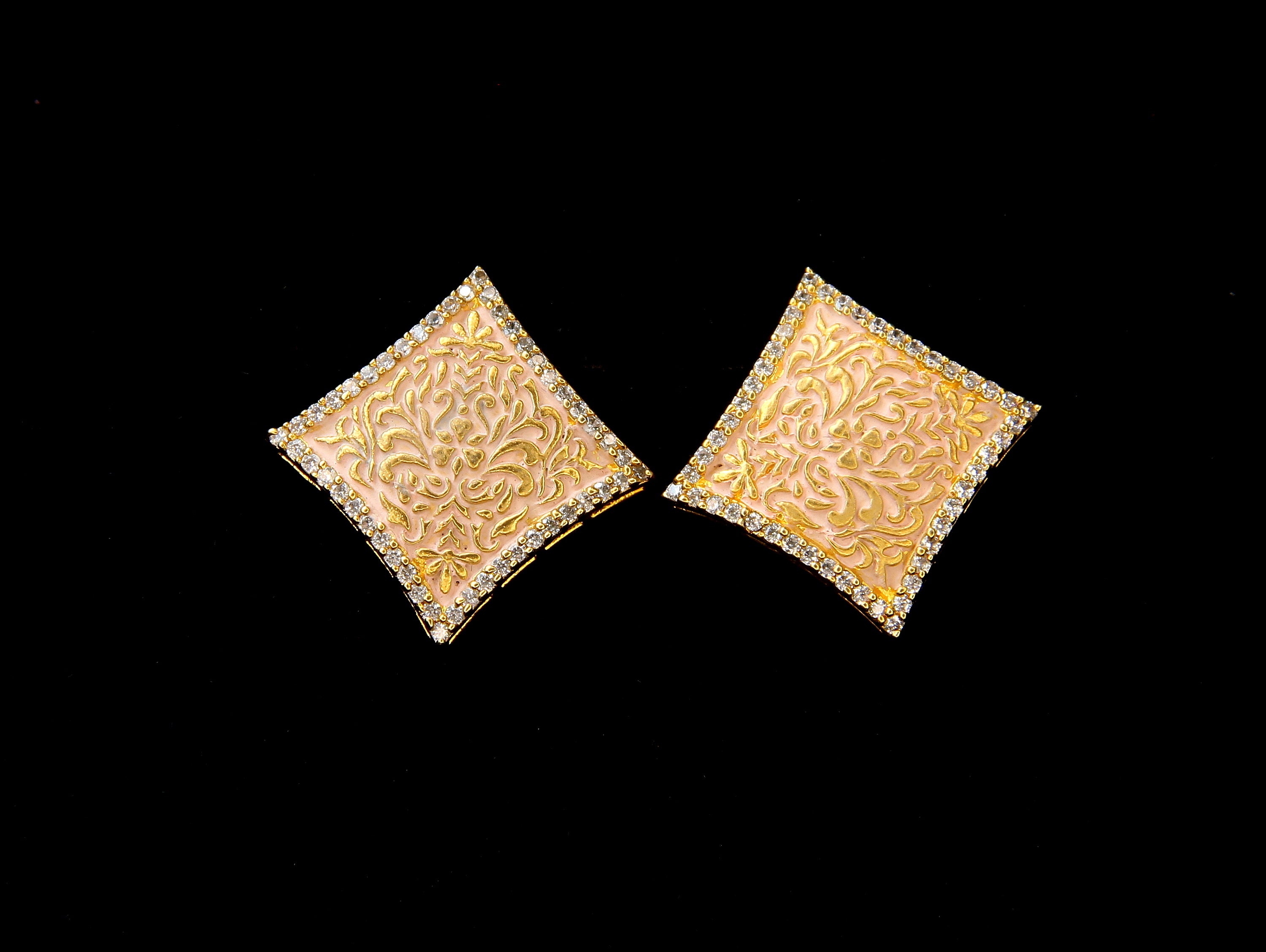 Orange Enamel Square Stud Earrings | Meenakari Golden Filigree | Ethnic Jewellery
