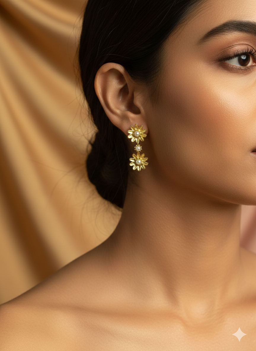 Gold flower earrings, pearl drop earrings, vintage jewelry, daisy dangle earrings, floral wedding jewelry, boho chic earrings, golden pearl studs