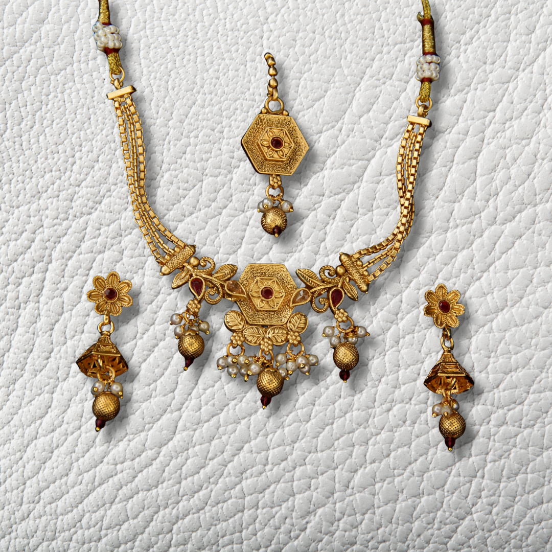 Rajwadi Style Imitation Necklace Set with Earrings & Maang Tikka – Antique Traditional Festive / Bridal Jewellery