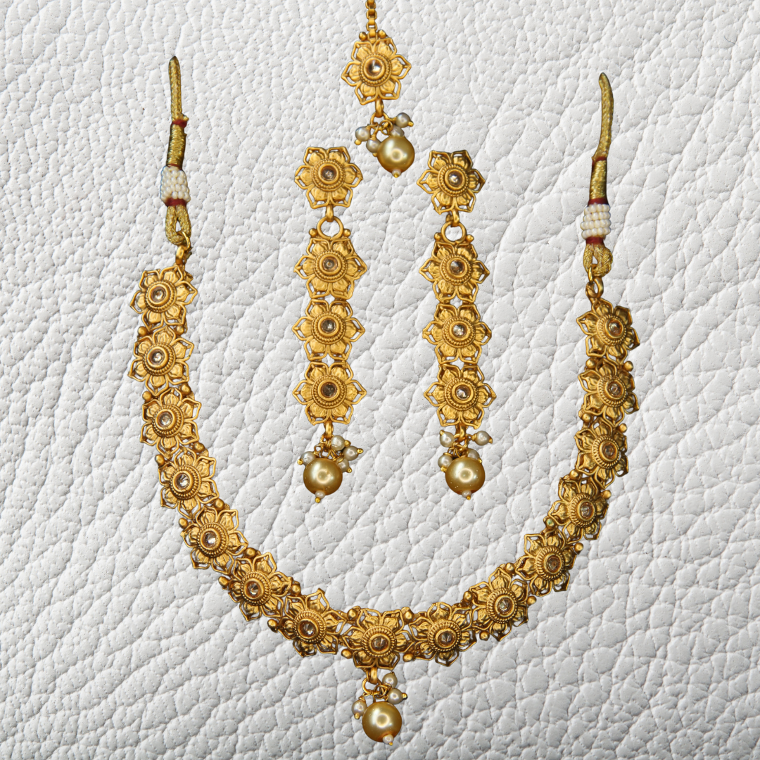 Rajwadi Style Imitation Necklace Set with Earrings & Maang Tikka – Antique Traditional Festive / Bridal Jewellery