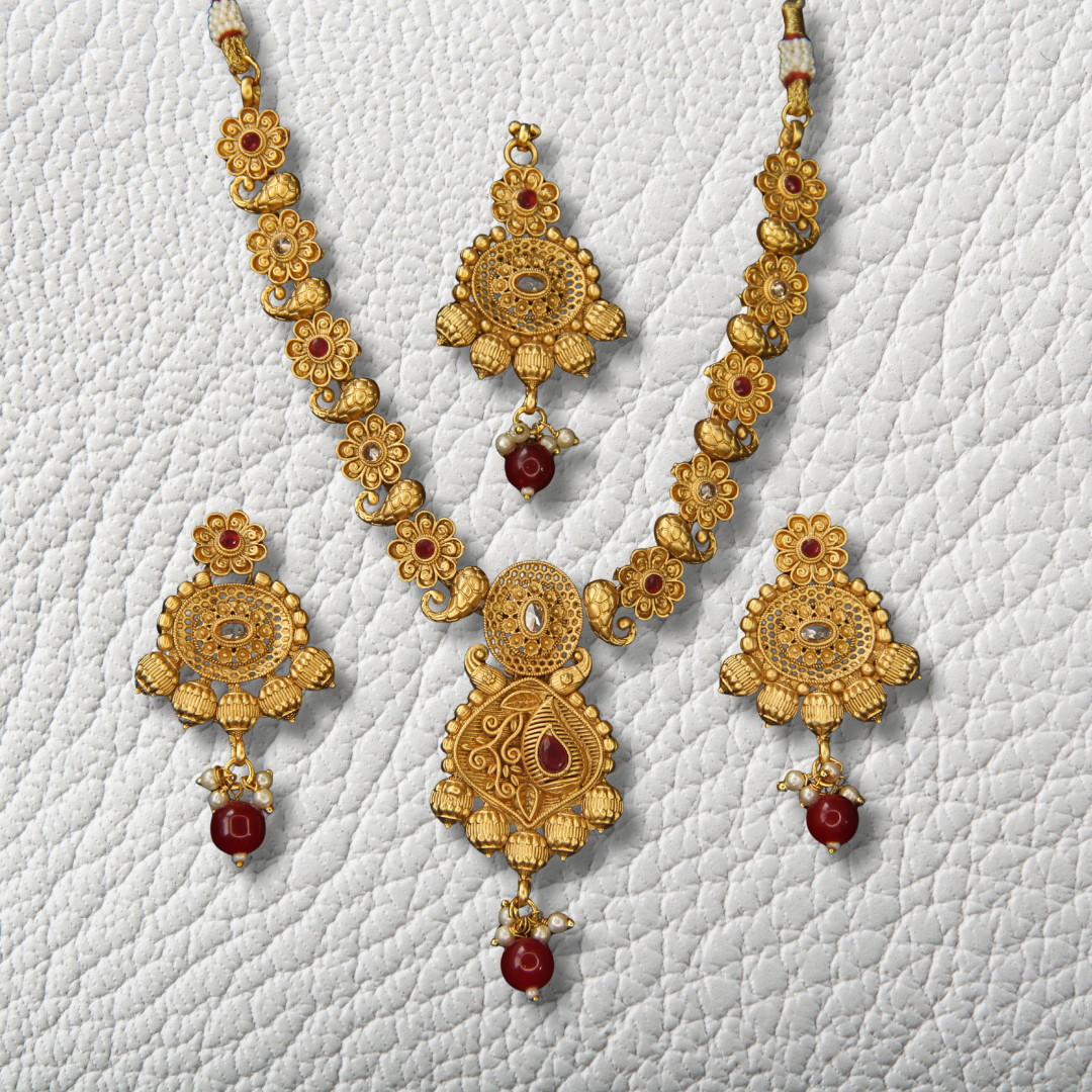 Rajwadi Style Imitation Necklace Set with Earrings & Maang Tikka – Antique Traditional Festive / Bridal Jewellery