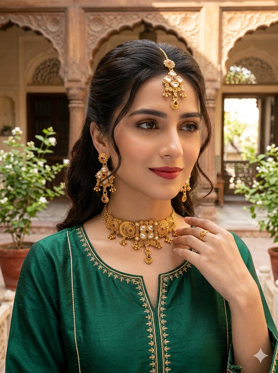 Indian Imitation Kundan Choker Set with Earrings & Tikka