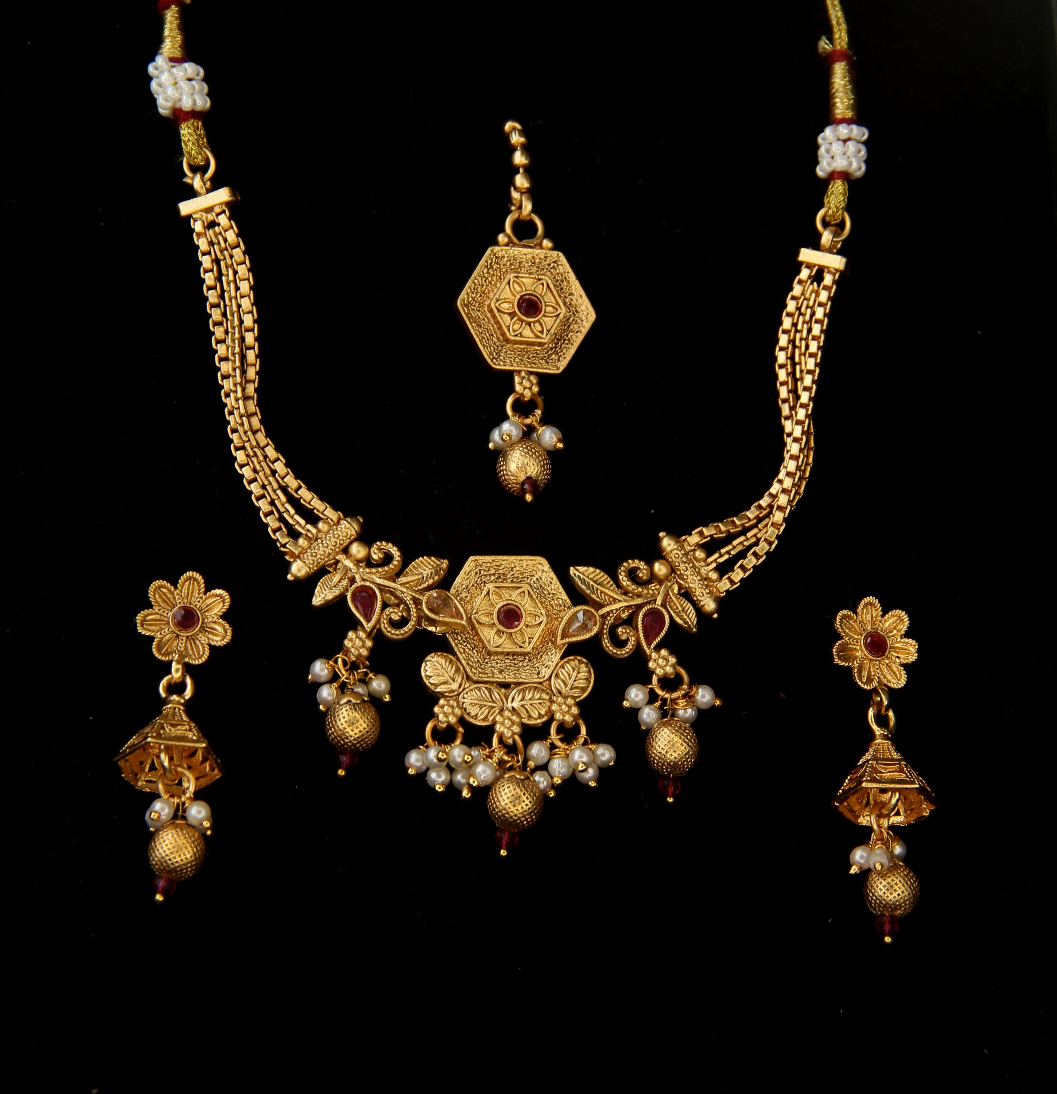 Rajwadi Style Imitation Necklace Set with Earrings & Maang Tikka – Antique Traditional Festive / Bridal Jewellery