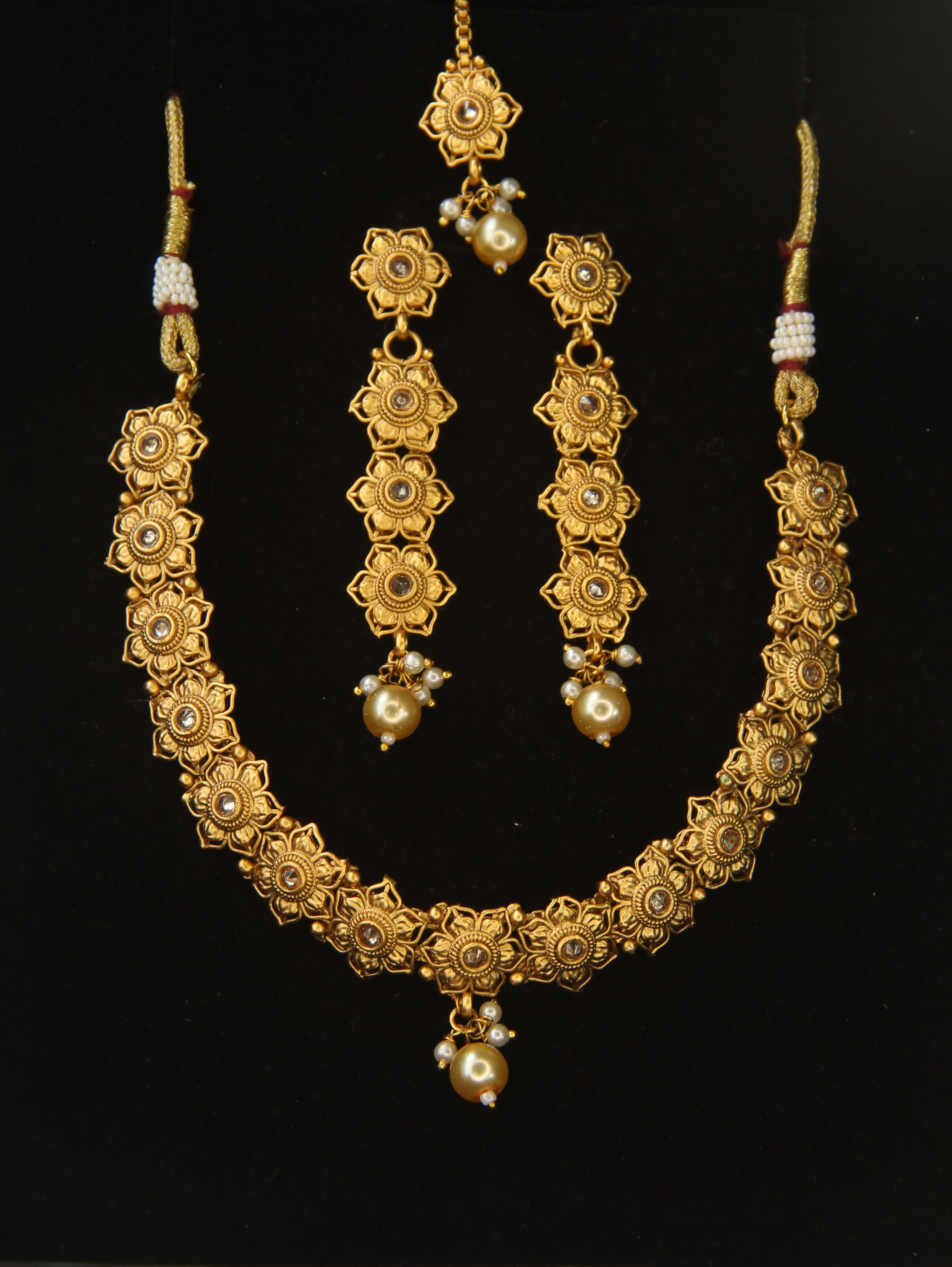 Rajwadi Style Imitation Necklace Set with Earrings & Maang Tikka – Antique Traditional Festive / Bridal Jewellery