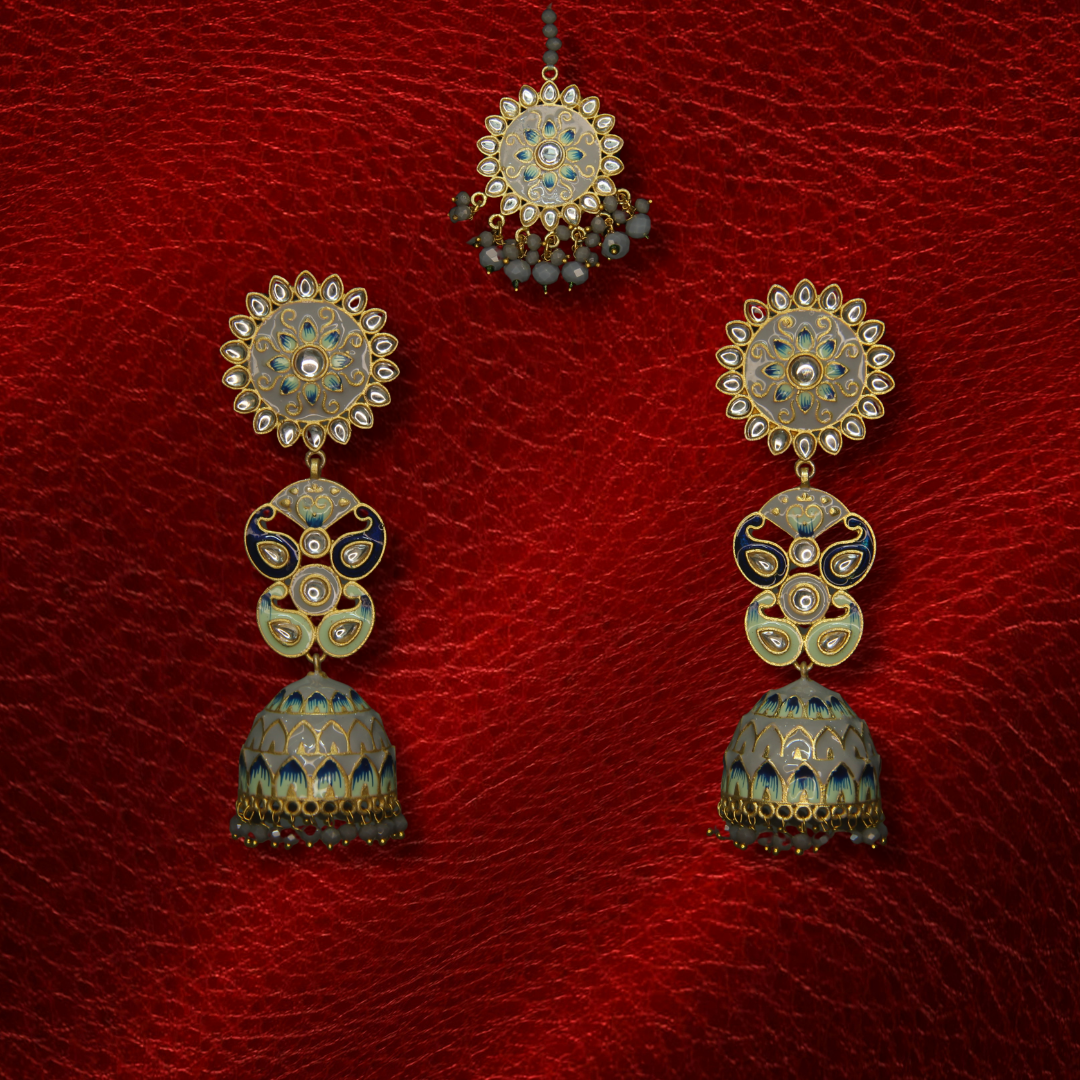 Kashmiri Jhumka Earrings with Matha Tikka – Meenakari Golden Imitation Bridal Party Wear Jewelry for Women
