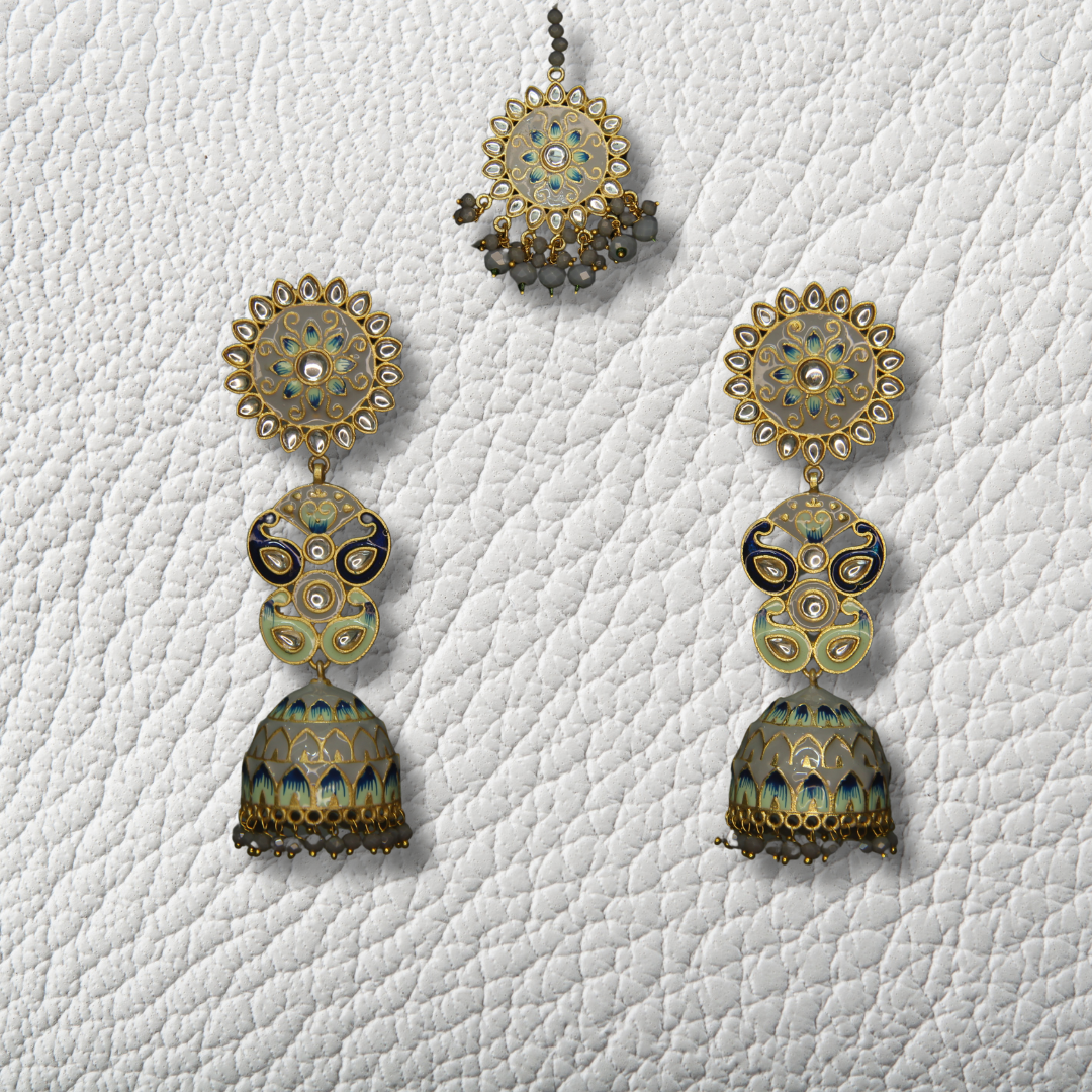Kashmiri Jhumka Earrings with Matha Tikka – Meenakari Golden Imitation Bridal Party Wear Jewelry for Women