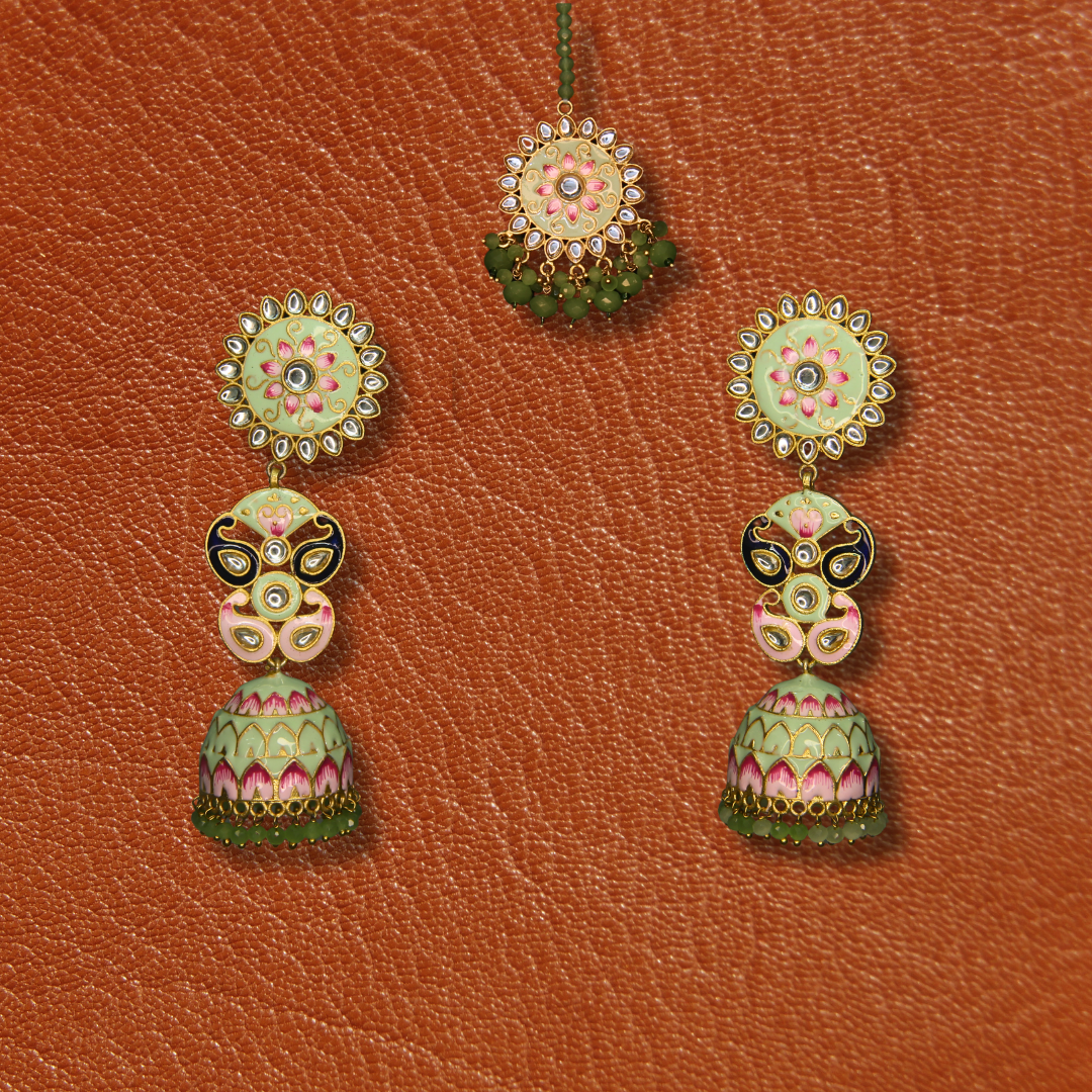 Kashmiri Jhumka Earrings with Matha Tikka – Meenakari Golden Imitation Bridal Party Wear Jewelry for Women