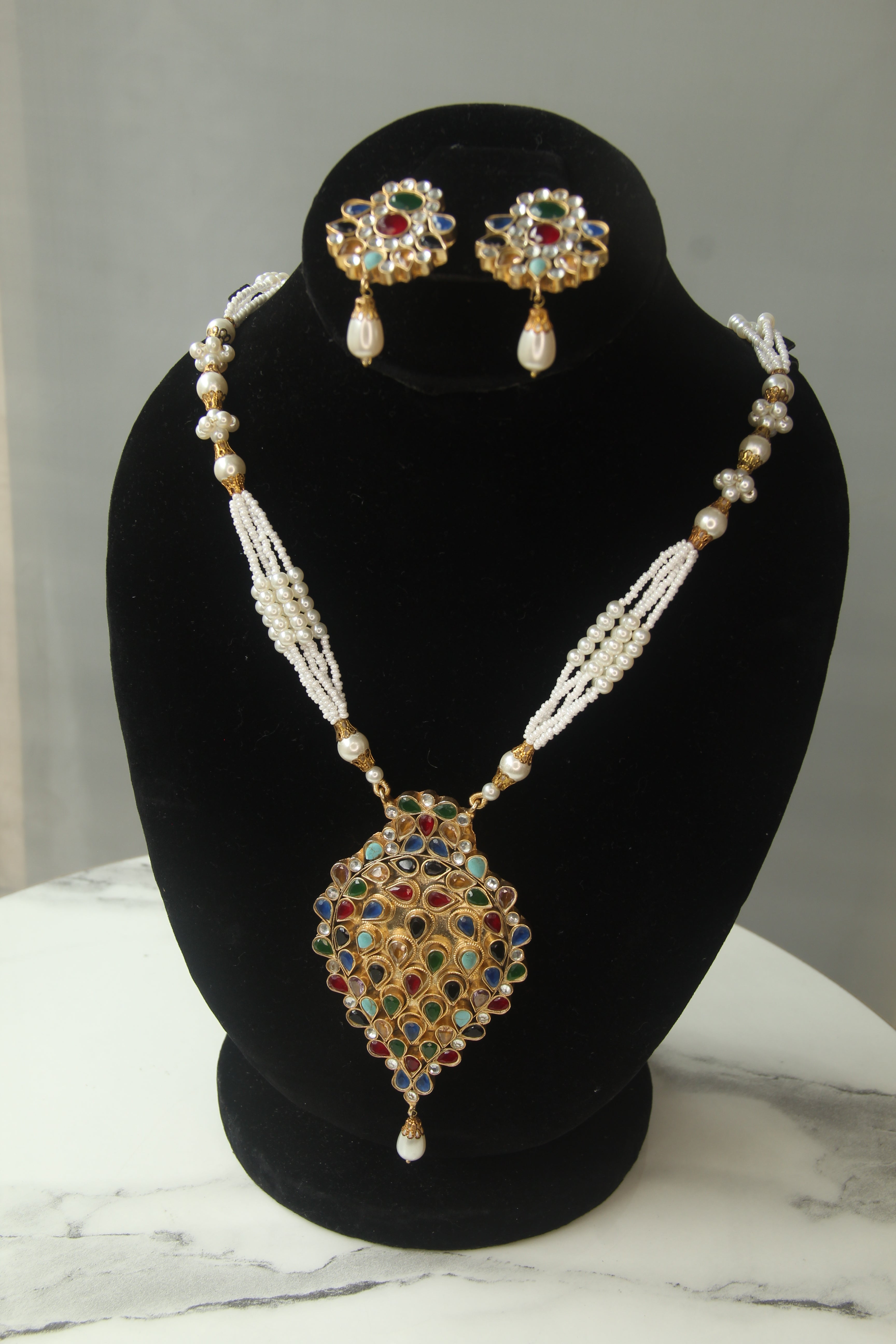 Kundan Mala Set for Women – Pearl Necklace Set with Multicolor Stones & Earrings | Gold Plated Bridal Wedding Party Wear Jewelry