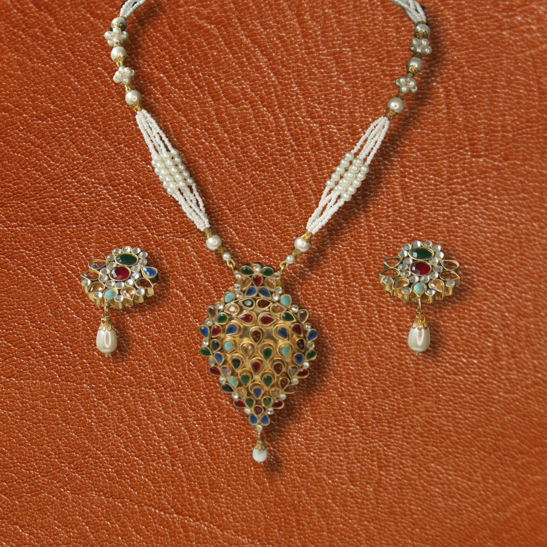 Kundan Mala Set for Women – Pearl Necklace Set with Multicolor Stones & Earrings | Gold Plated Bridal Wedding Party Wear Jewelry