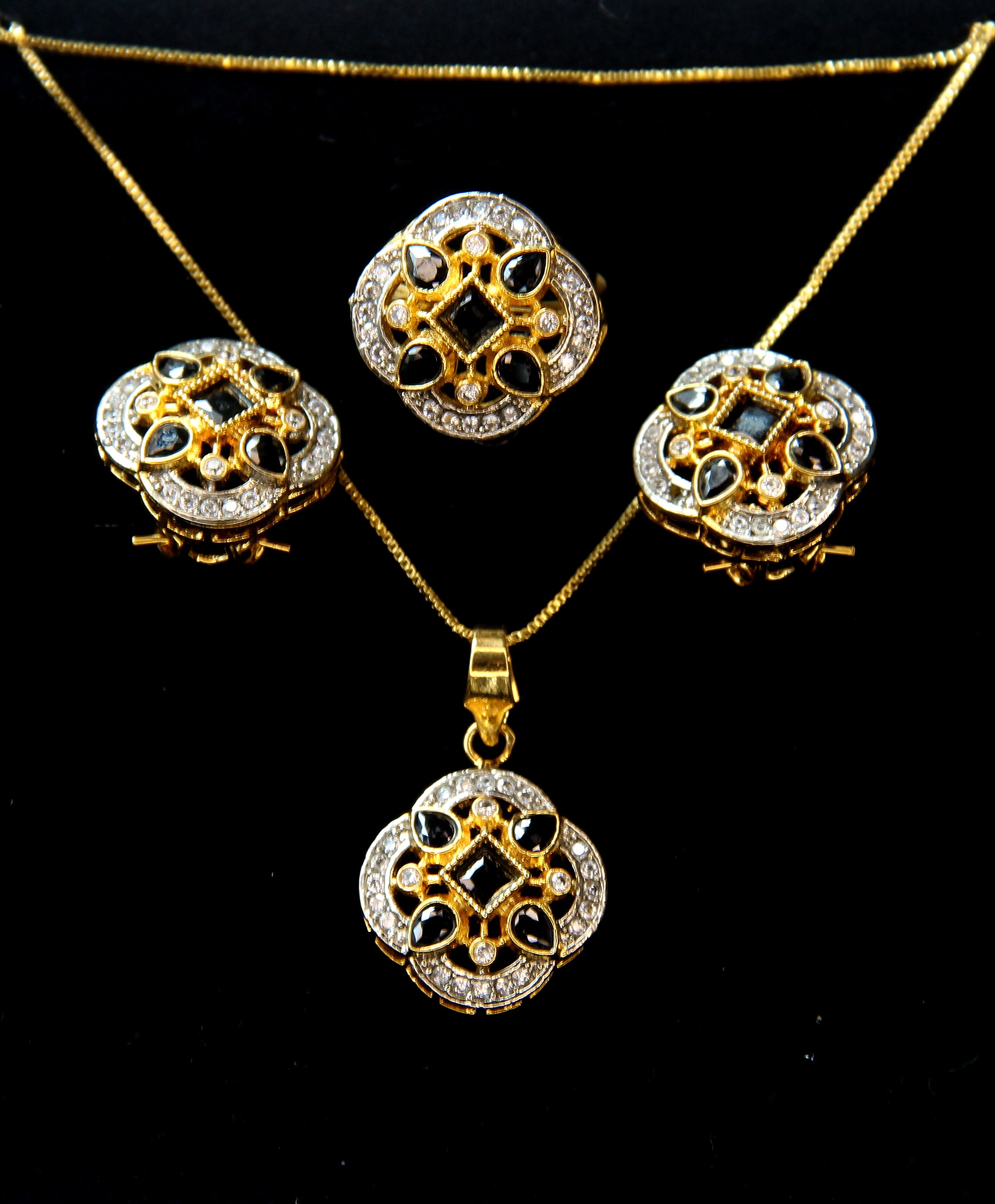 Black Stone Pendant Set with Matching Earrings & Ring