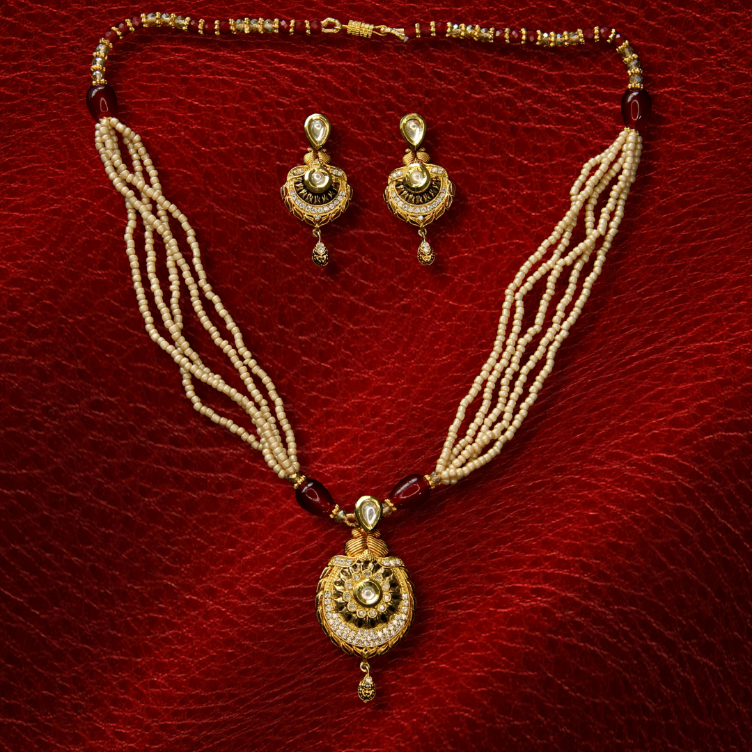 Pearl Mala Set for Women – Multi Layer Necklace Set with Pendant & Earrings | Gold Plated Bridal Party Wear Jewelry
