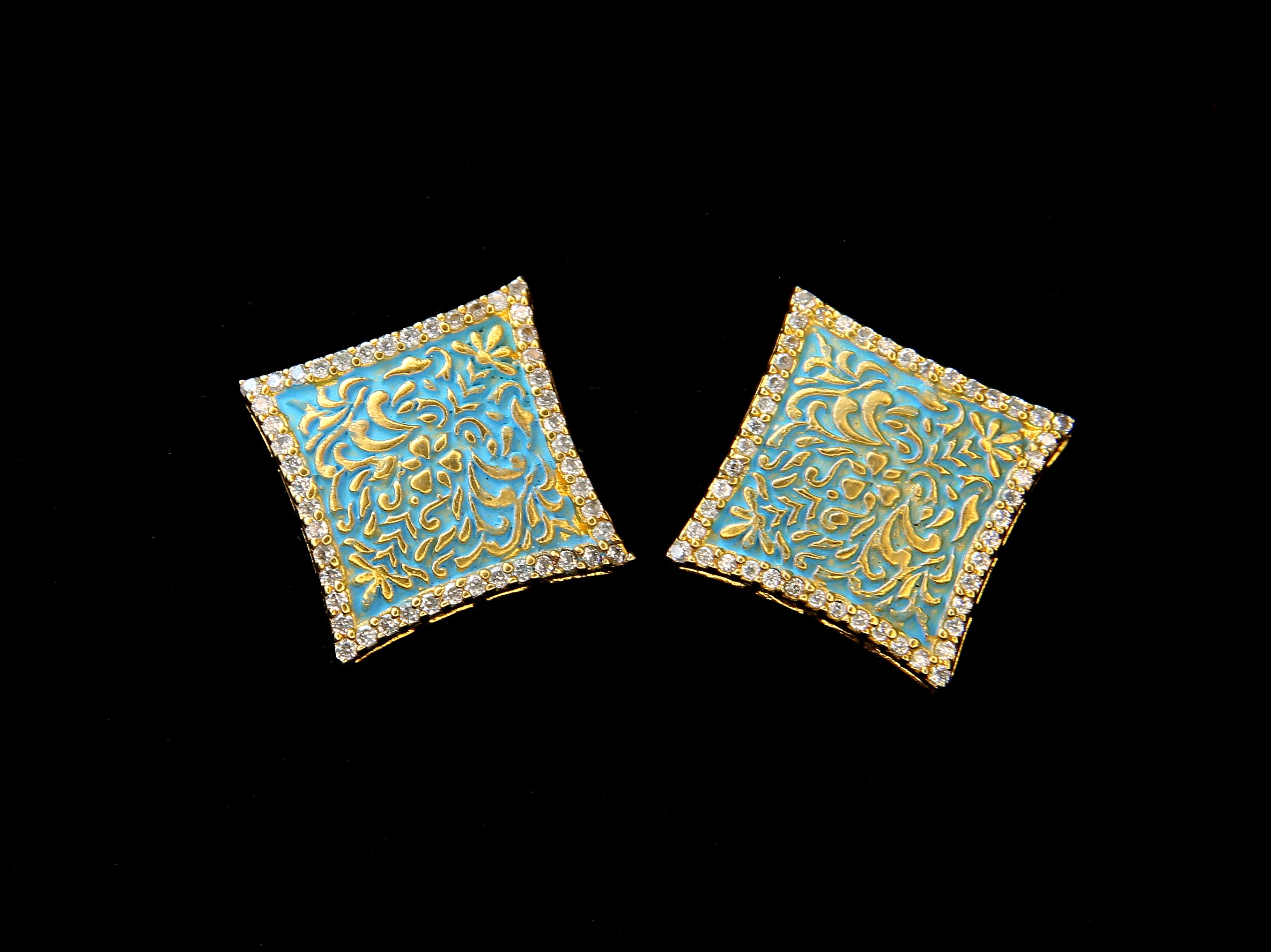 Blue Enamel Square Stud Earrings | Meenakari Golden Filigree | Ethnic Jewellery