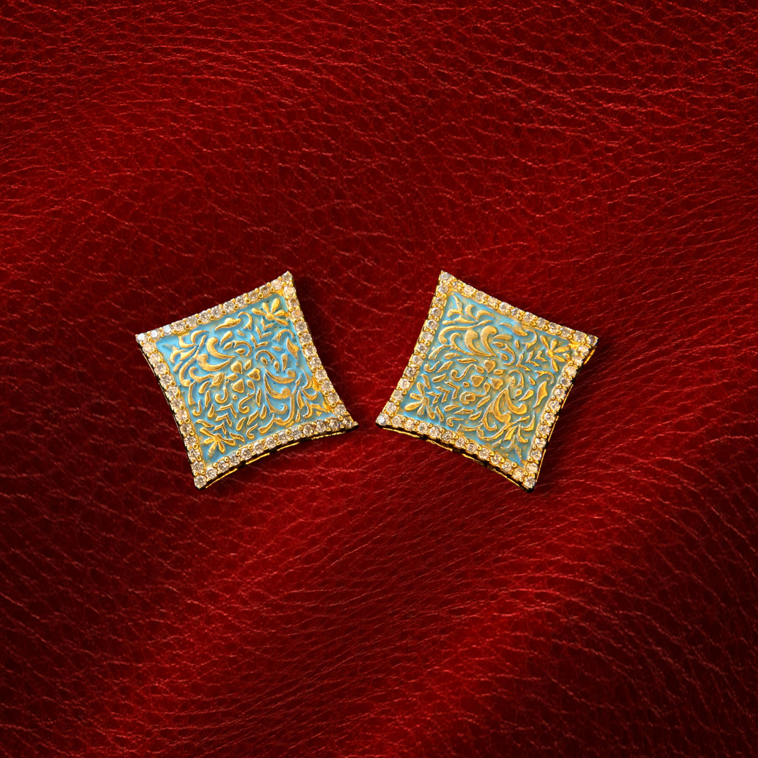 Blue Enamel Square Stud Earrings | Meenakari Golden Filigree | Ethnic Jewellery