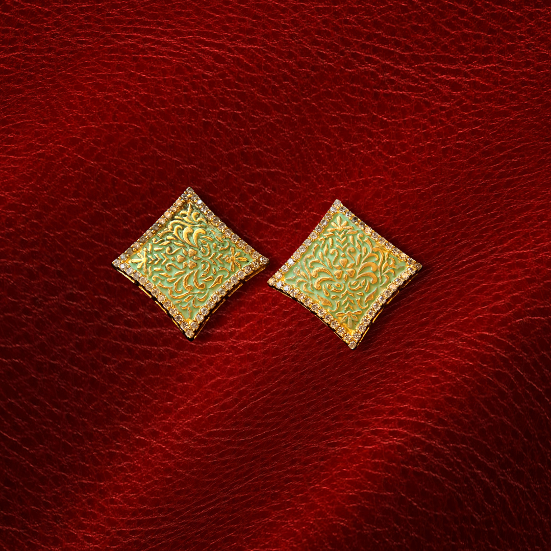 Green Enamel Square Stud Earrings | Meenakari Golden Filigree | Ethnic Jewellery
