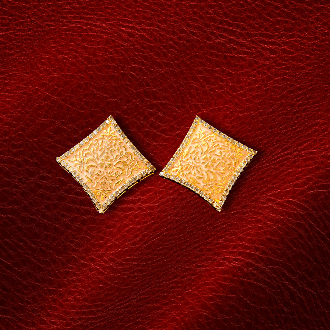 Orange Enamel Square Stud Earrings | Meenakari Golden Filigree | Ethnic Jewellery